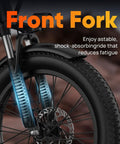 Front fork detail of Fat Tire Electric Bike For Adults With 28 MPH Top Speed, 48V Power, And 80 Mile Range, 20 inch fat tire