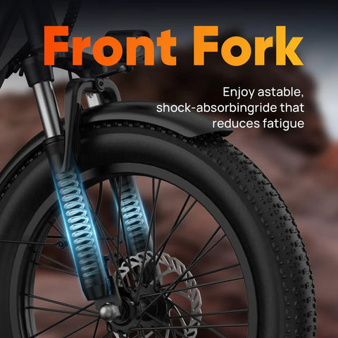Front fork detail of Fat Tire Electric Bike For Adults With 28 MPH Top Speed, 48V Power, And 80 Mile Range, 20 inch fat tire