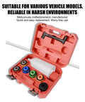 Top Tier Oil Funnel Kit With Flexible Spill Proof Designs And Color Coded Connectors For Fast Garage Oil Changes On Any Car Or Truck Without Extra Adapters So You Can Get Your Fleet Rolling Smooth Today, showing open red hard case with 8 color-coded oil funnels.