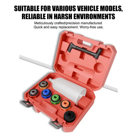 Top Tier Oil Funnel Kit With Flexible Spill Proof Designs And Color Coded Connectors For Fast Garage Oil Changes On Any Car Or Truck Without Extra Adapters So You Can Get Your Fleet Rolling Smooth Today, showing open red hard case with 8 color-coded oil funnels.