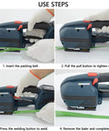 Heavy Duty Electric Strapping Machine For One Half To Five Eighths Inch Pp Pet Strap Battery Powered showing use steps for operation.