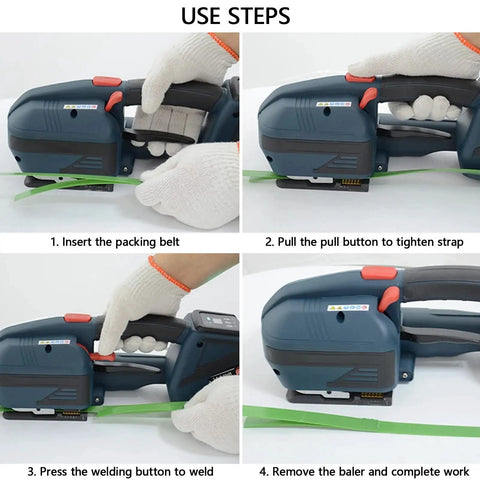 Heavy Duty Electric Strapping Machine For One Half To Five Eighths Inch Pp Pet Strap Battery Powered showing use steps for operation.