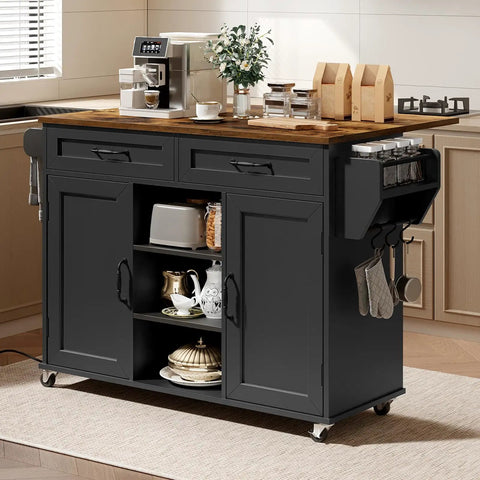 Ultimate Home Kitchen Island With Built In Power Outlets And Drop Leaf Go To Sturdy Black And Rustic Brown Kitchen Cart
