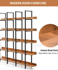 Five Tier Industrial Bookcase With Black Metal Frame And Brown MDF Shelves, Space Saving Storage Organizer