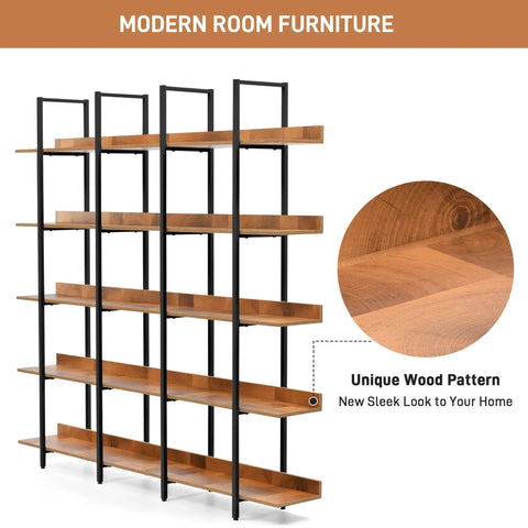 Five Tier Industrial Bookcase With Black Metal Frame And Brown MDF Shelves, Space Saving Storage Organizer