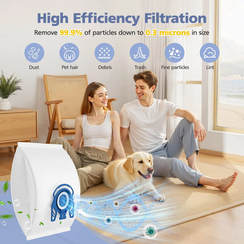 Couple with dog, showcasing filtration features of 20 Pack 3D AirClean Replacement Vacuum Bags For GN Canister Vacuums.