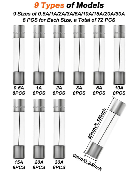 Garage Ready Fast Blow Glass Fuse Assortment Kit For Cars And Trucks 6X30MM Automotive Fuses showing 9 sizes 0.5A to 30A, total of 72 fuses.