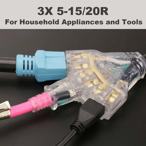 30 Amp RV and Generator Power Cord With TT-30P Male To Three 5-15R 5-20R T Blade Outlets LED Indicator close-up view