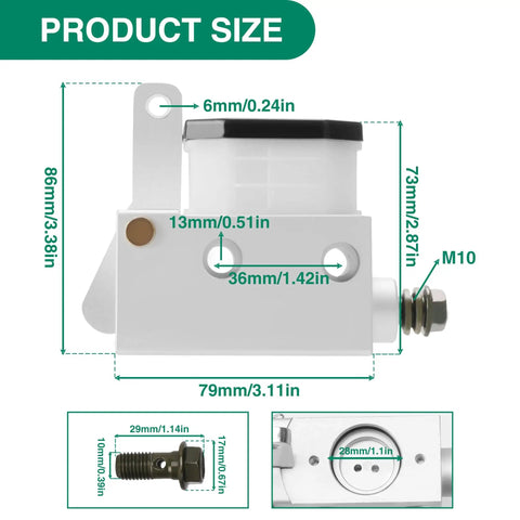 Hydraulic Brake Master Cylinder Pump for Go Kart ATV UTV with size details, aluminum body, foot brake pump design, and bolt dimensions.
