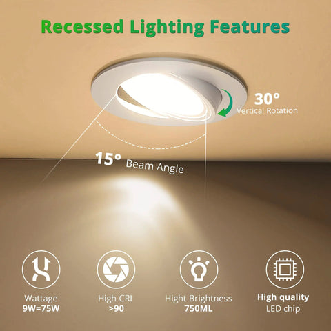 Six Pack Gimbal LED Recessed Lighting Four Inch 5CCT Adjustable 2700K To 6000K, 750 Lumens Can Lights, showing rotation angles.