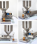 Rock Solid Automatic Liquid Filler Machine With Dripless Stainless Steel Nozzles Smart Touchscreen Control For Honey Oyster Sauce Jam And Butter Packaging shown from multiple angles.