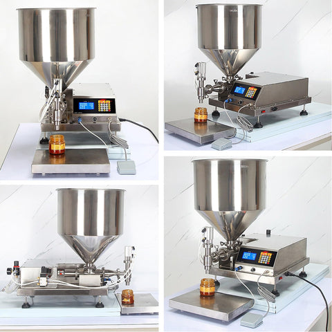 Rock Solid Automatic Liquid Filler Machine With Dripless Stainless Steel Nozzles Smart Touchscreen Control For Honey Oyster Sauce Jam And Butter Packaging shown from multiple angles.
