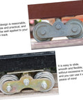 Close-up of heavy duty galvanized door roller pulley for sliding doors, showing two track wheels in industrial use setup.