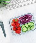 Open Premium Borosilicate Glass Meal Prep Containers 5 Pack With 3 Compartments And Lids Microwave Oven Freezer Dishwasher Safe Bento Box Style Lunch Storage 4.5 Cup Capacity For Fresh Meals And Leftovers on desk with food