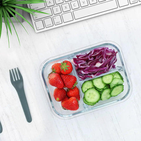 Open Premium Borosilicate Glass Meal Prep Containers 5 Pack With 3 Compartments And Lids Microwave Oven Freezer Dishwasher Safe Bento Box Style Lunch Storage 4.5 Cup Capacity For Fresh Meals And Leftovers on desk with food