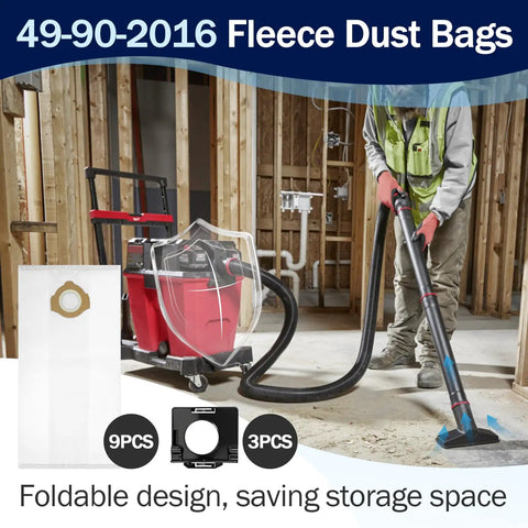 Heavy Duty Fleece Dust Bags 9 Pack Compatible With Milwaukee M12 And M18 Cordless Packout Shop Vac with three storage clips