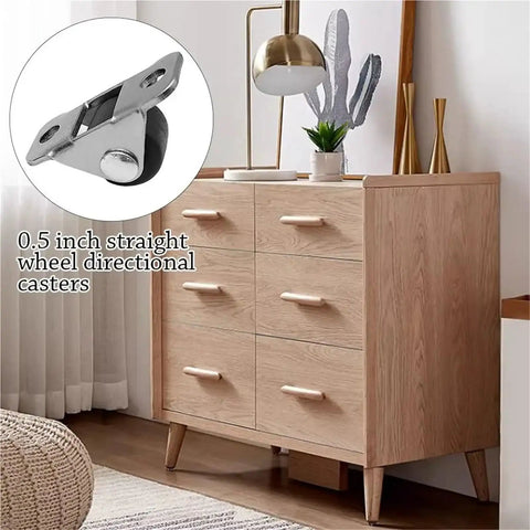 0.5 inch straight wheel directional casters for smooth movement under a stylish wooden dresser in a modern home setting.