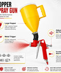 Heavy Duty Wall Texture Sprayer With Large Hopper Gun And Versatile Nozzle Tips For Drywall Ceilings Stucco And Popcorn Textures, showcasing large yellow hopper and red trigger.