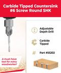 Clean Cutting Countersink And Drill Combo Bit, 82 Degree Carbide Tipped Edge, visible above wood with screws for #6 screws.