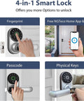 Smart Fingerprint Door Lock With Keyless Entry, WiFi And Bluetooth, various unlocking options shown including keypad and app control.