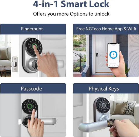 Smart Fingerprint Door Lock With Keyless Entry, WiFi And Bluetooth, various unlocking options shown including keypad and app control.