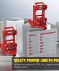 Two Pack Malleable Iron Wall Jacks For Framing Lifting Heavy Beams And Tightening Flooring Compatible With One Inch Steel Pipe Or Standard Wooden Poles. Image showing red wall jacks above a sizing chart for pole lengths.
