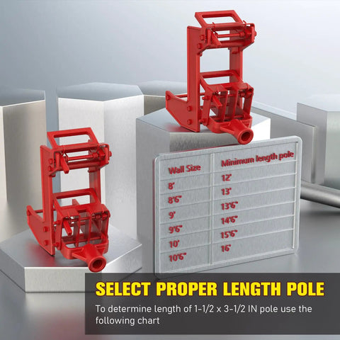 Two Pack Malleable Iron Wall Jacks For Framing Lifting Heavy Beams And Tightening Flooring Compatible With One Inch Steel Pipe Or Standard Wooden Poles. Image showing red wall jacks above a sizing chart for pole lengths.