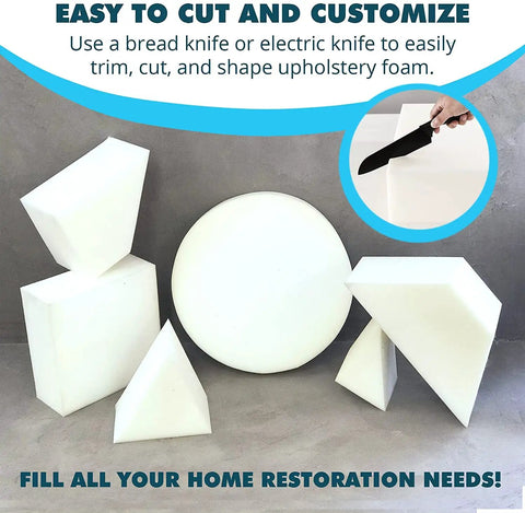 Various shapes of high-density foam cushions for furniture, highlighting their easy cutting and customization options.
