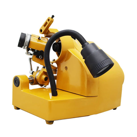Professional Grade Benchtop Cutter And Drill Bit Sharpener Machine for High Speed Steel Carbide tools, yellow color, side view.