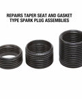 Three spark plug saver inserts for thread repair M14 1.25 14mm rethread kit for car, truck, RV and aircraft showing tapered seat.