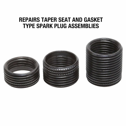 Three spark plug saver inserts for thread repair M14 1.25 14mm rethread kit for car, truck, RV and aircraft showing tapered seat.