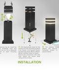 Installation guide for Round 18 Inch All Weather Outdoor Bollard Light Fixture With 60W E26 Socket 120V Dimmable Waterproof Compatible LED CFL Incandescent Bulbs ETL Listed Black Landscape Pathway Lantern, showing steps.