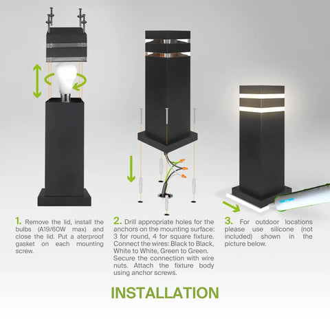Installation guide for Round 18 Inch All Weather Outdoor Bollard Light Fixture With 60W E26 Socket 120V Dimmable Waterproof Compatible LED CFL Incandescent Bulbs ETL Listed Black Landscape Pathway Lantern, showing steps.