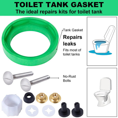 3 Inch Toilet Tank To Bowl Coupling Kit With Gasket Bolts Nuts Washers Wrench And Teflon Tape Easy DIY Repair Kit For Most 3 Inch Flush Valve Openings Includes Installation Instructions showing components and toilet illustration