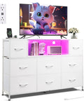 White Dresser TV Stand For 45 To 55 Inch TVs With LED Lighting And Charging Station 8 Fabric Drawers And Open Shelves