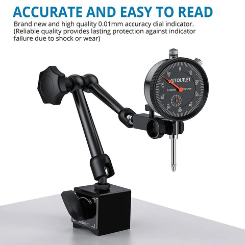 Black dial indicator with magnetic base for home shop use 0 to 1 inch range 0.001 inch readout, adjustable arm, and fine adjustment knob.