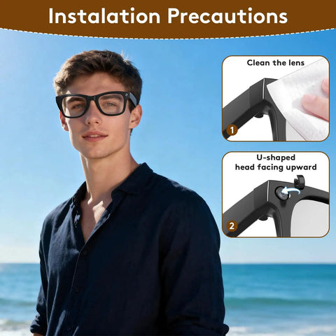Person at beach wearing glasses with installation guide for Restickable Blackout Light Blocking Stickers For Meta Smart Glasses Block 99 Percent Of Peripheral Light Low Tack Eye Shield Film For Wayfarer Skyler Headliner Gen 2 And HSTN Models Dark Privacy Fit.