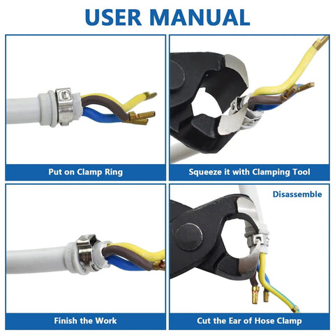 User manual showing steps to use Beefy Heavy Duty PEX Clamp Kit With Cinch Pliers, 130 Piece Stainless Steel Crimp Rings And Clamp Set.