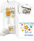 Printable Heat Transfer Paper For Light Fabrics 8.5 By 11 Inches Pack Of 20 Sheets shown with colorful designs on white apparel