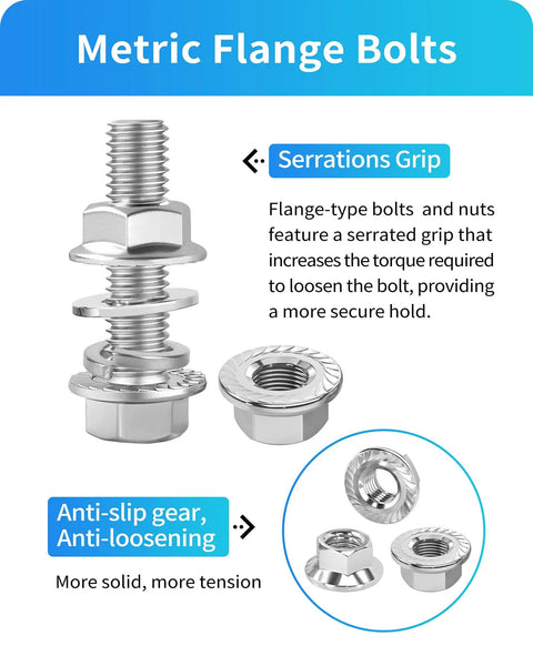 Beefed Up 300 Piece Metric Flange Bolt Kit With M6 M8 M10 Flange Hex Bolts And Nuts And Washers, 304 Stainless Steel, Silver