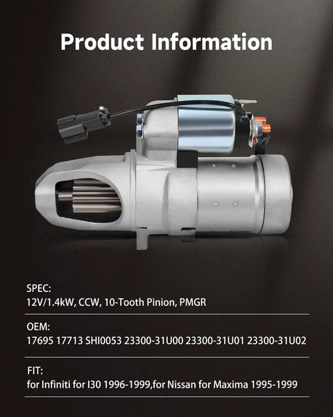 Starter Motor For Infiniti I30 And Nissan Maxima 3.0L 12V 10-Tooth Pinion Hitachi PMGR on black background