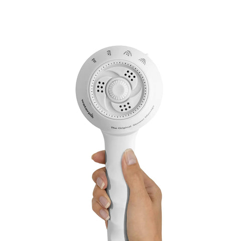 Hand holding Sm451E 1.8 GPM PowerSpray Plus Shower Massage Head Upgrade With Handheld Hose And Adjustable Bracket Four Spray Settings White