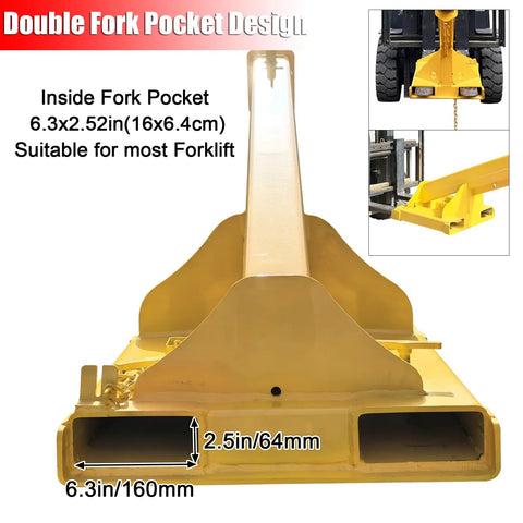 Heavy Hitter 4 Ton Telescopic Forklift Jib Boom Attachment with 8800 Lb Lift Capacity showing double fork pocket design and dimensions.