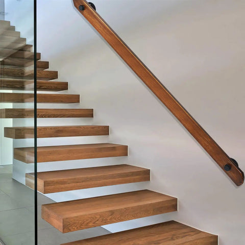 Built Tough Wall Mount Wood Handrail With Industrial Pipe Brackets For Indoor Staircases Hallways And Landings Smooth Non Slip Surface No Sweat Setup Dark Wood Nine Foot on modern staircase.