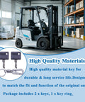 2 Pack Heavy Duty Forklift Ignition Switch Key Replaces 107151-001 And 089216-001 Compatible With Crown Wp3000 Pe3000 Pe4000 Gpw40 displayed with forklift in warehouse.