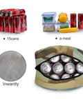 Whale Desert Jump Insulated Lunch Bag with cans and meal, showing aluminum liner and capacity for 15 cans or a meal.