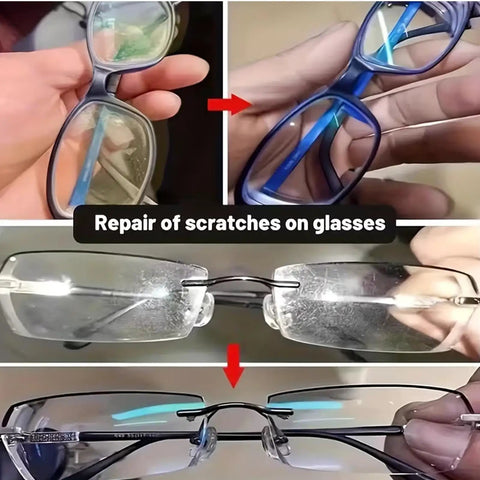 Scratch Repair For Sunglasses And Glasses With Dual Action Shield 50g Deep Cleaning Liquid showing before and after scratch repair.