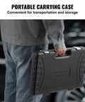 Person carrying storage case for Pro Grade 110-Piece Tap and Die Set with Metric Sizes M2 to M18, Bearing Steel Taps and Dies