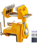 Badass Heavy Duty Cast Steel Bench Vise With Full 360 Swivel Ball Joint and Quick Grip Clamp Mount for Workbenches, yellow clamp with accessories.