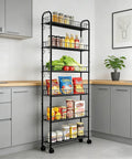 Slim Rolling Storage Cart With Wheels, 6-Tier Narrow Black Shelf On Casters in kitchen with jars and groceries